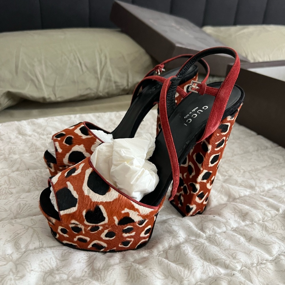 Gucci Leopard Print Platform Heels - Red and Brown